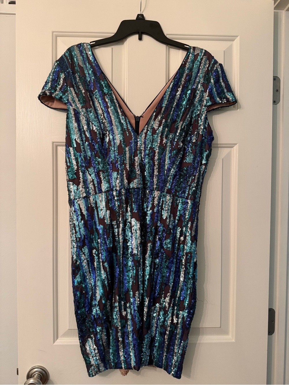Women's teal and black sequin dress with v neck